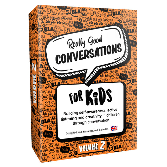 Packaging for 'Really Good Conversations for Kids - Vol. 2' card game with colorful graphic design and text on the box.